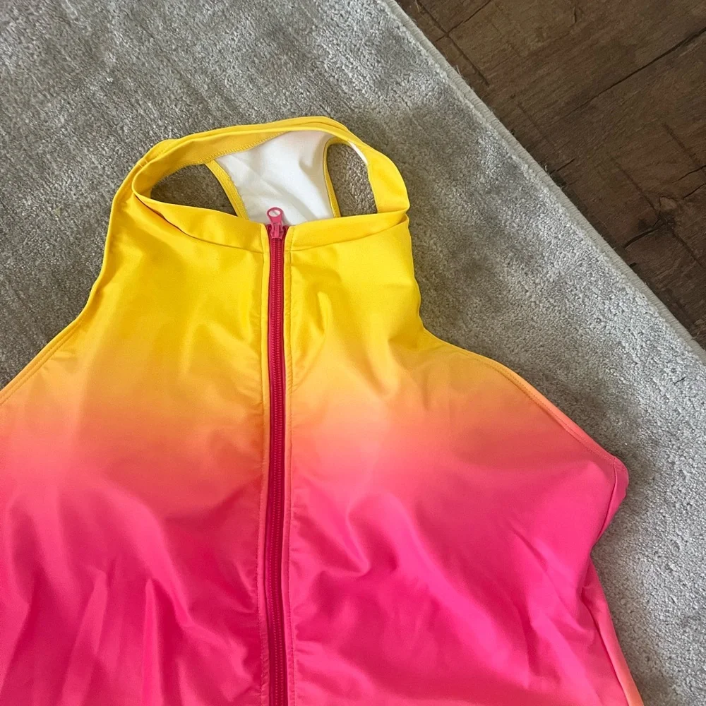 Fashion Nova Pink and Yellow One Piece Swimsuit with Zipper